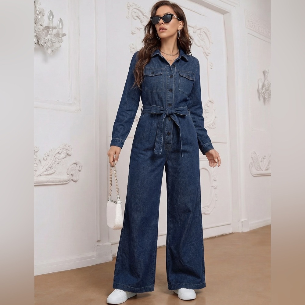 Coco + Carmen Denim Wide Leg Jumpsuit S/M Ankle Crop Womens Button Belt Pockets